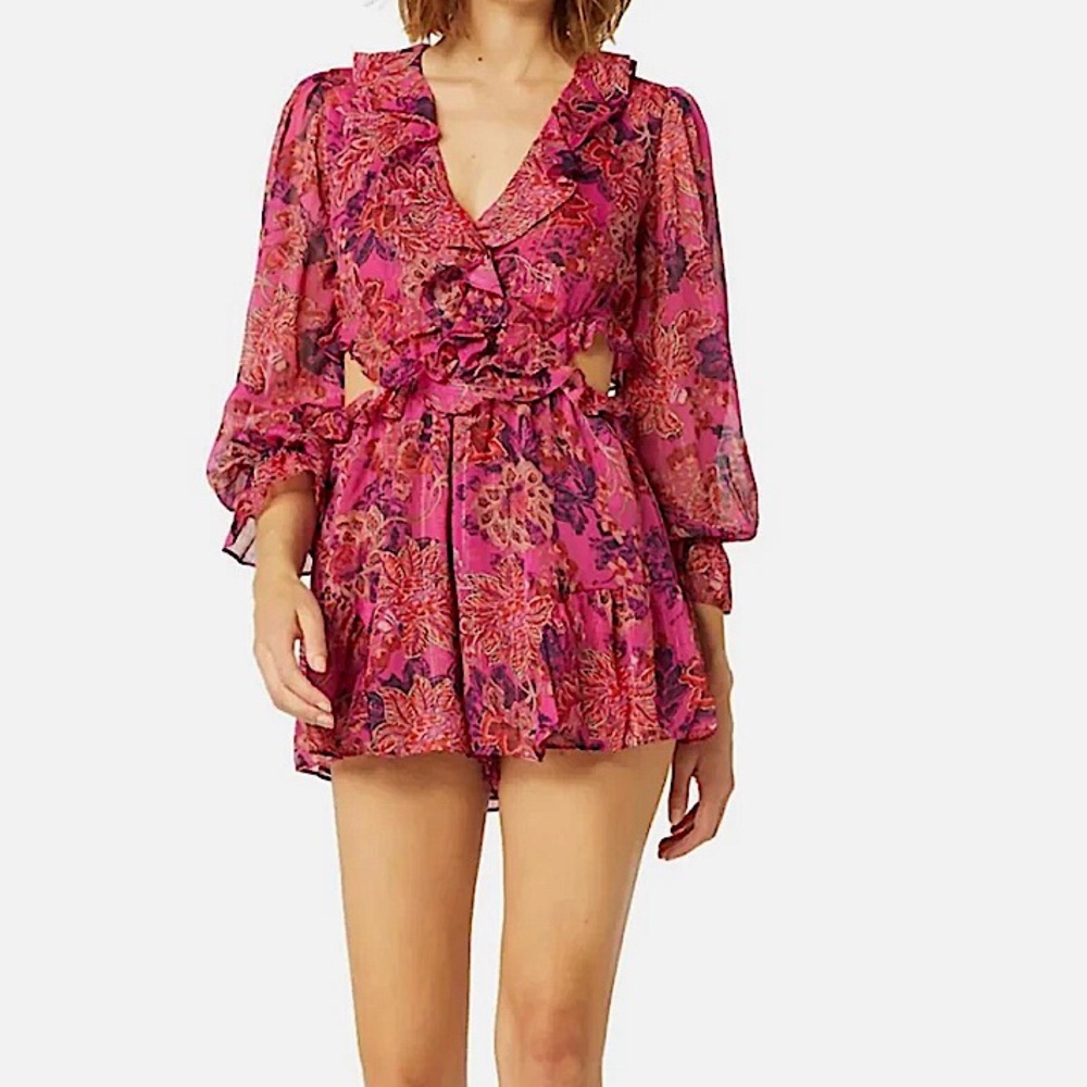 Misa Los Angeles Pink Floral Ruffle V-Neck Romper *Reposhing Size S